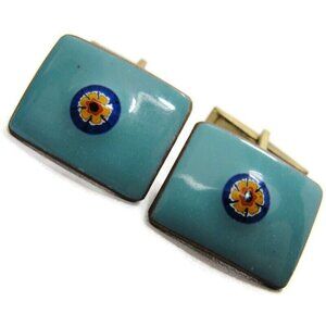 Blue Mosaic Enamel Copper Cufflinks Rectangle Shirt Accessories Wedding Vintage
